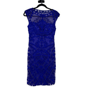SUE WONG Embroidered Crochet Mini Dress Size 0 Sapphire Blue Romantic Party